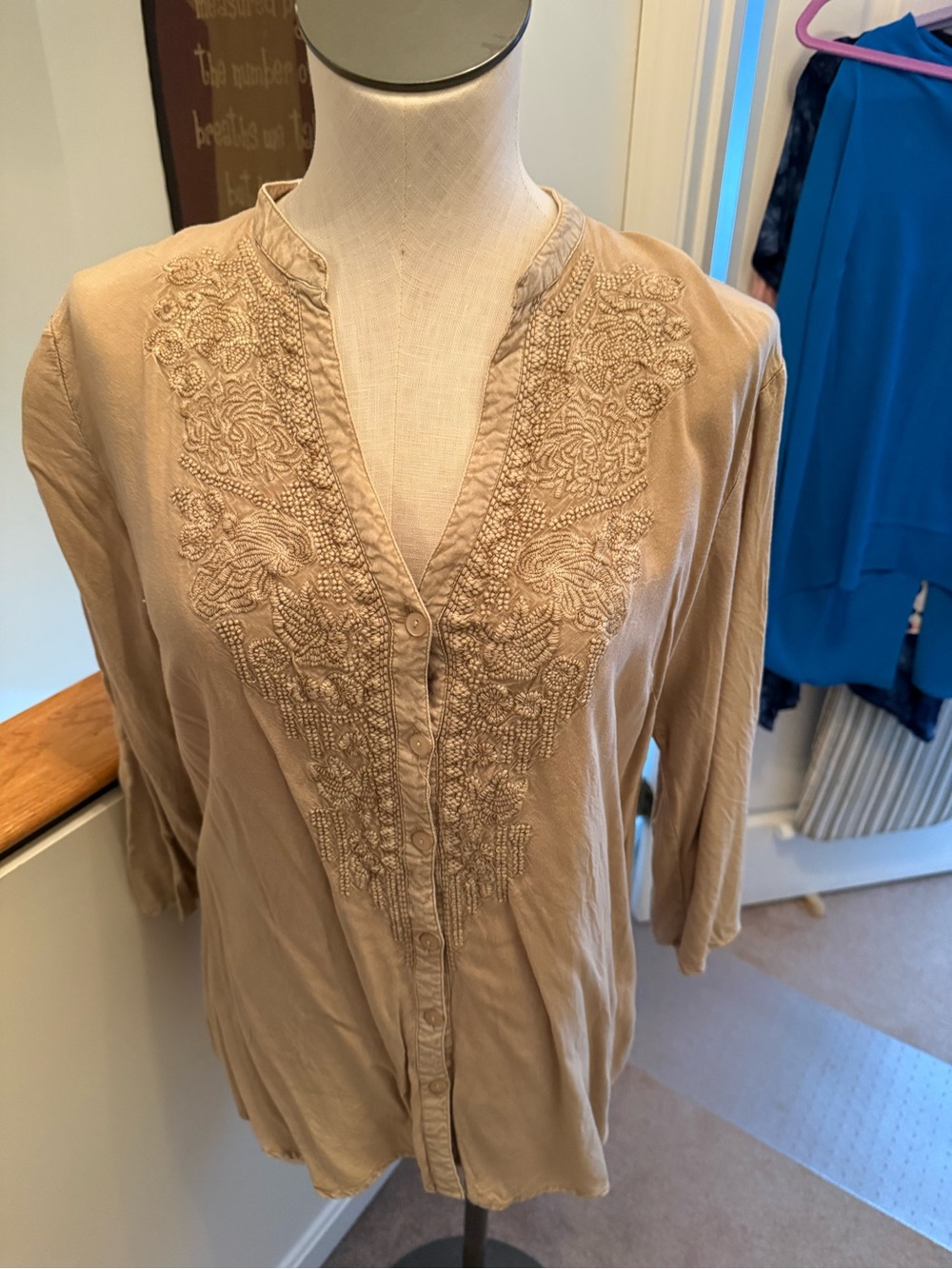 Solitaire Beige Embroidered V-Neck Button-Front Tunic